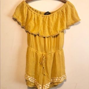 Lulus Boho Chic Romper Jumpsuit embroidered off shoulder lined